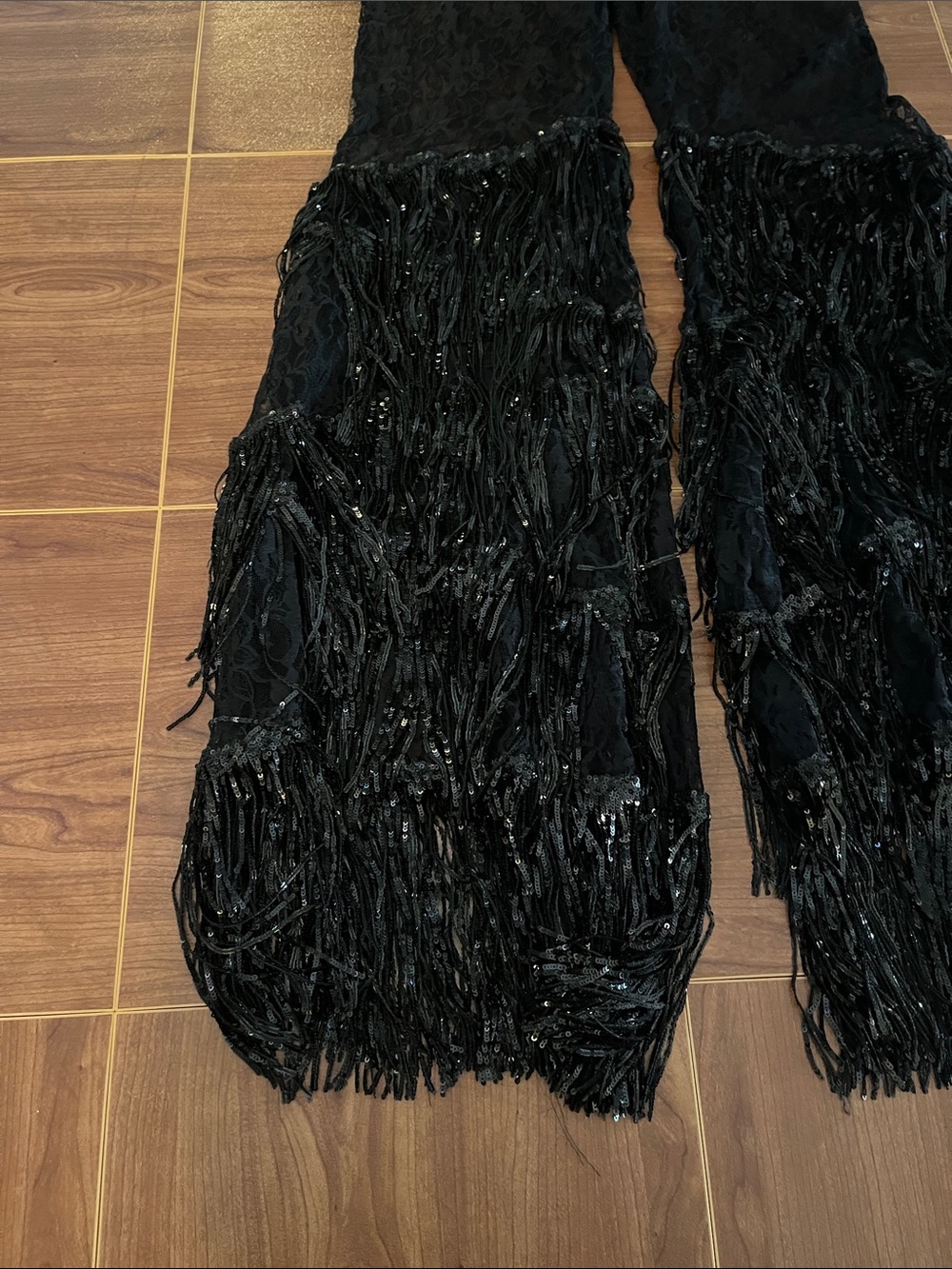 Little Black Diamond Black Lace Flare Pants with Sequin Fringe Pants - Picture 3 of 9